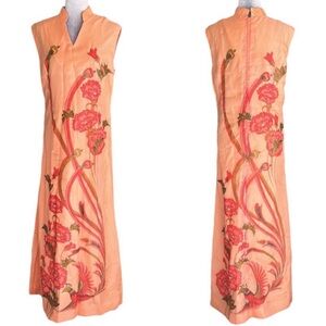 RARE Alfred Shaheen Vintage Tangerine Coral Floral Bird Print Maxi Slip Dress 12